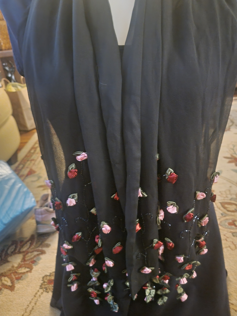 Black Floral Appliqué Evening Scarf/Shawl